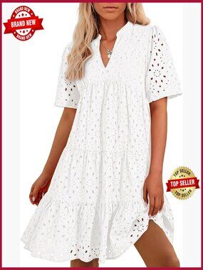 Womens Boho Summer Mini Dress V-Neck Short Sleeve Lace Ruffle Beach Vacation
